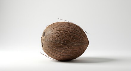 Close up of a single brown coconut on a clean white background