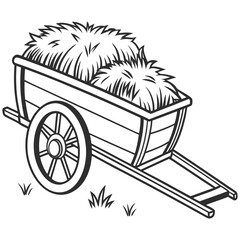 A simple illustration of a hay cart with a single wheel on a plain white background scene vector