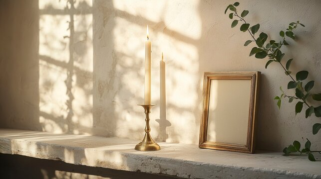 Brass candlestick and empty frame casting shadows in warm light   - Powered by Adobe