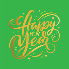 Happy New Year calligraphy on a green background. Golden hand-drawn text