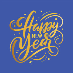 Happy New Year calligraphy on a blue background. Golden hand-drawn text