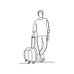 Continuous line of male traveler with luggage. Sketch drawing editable stroke of tourist walking with suitcase. Vector illustration