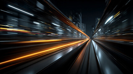 Obraz premium Hyperrealistic abstract view of a subway tunnel with dynamic light trails, illustrating motion, speed, and futuristic urban transit energy.
