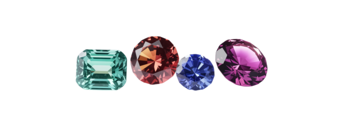A 3d rendered realistic gemstone set showcasing four sparkling gems emerald, ruby, sapphire, and pink diamond aligned ultra-detailed, high contrast,  photore. Transparent background.