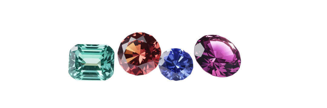 A 3d rendered realistic gemstone set showcasing four sparkling gems emerald, ruby, sapphire, and pink diamond aligned ultra-detailed, high contrast,  photore. Transparent background.