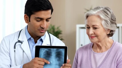 Male Doctor Explaining Chest X Ray on Tablet to Elderly Patient. - Powered by Adobe