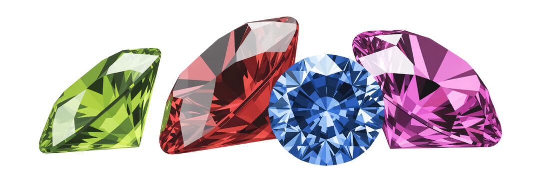 A 3d rendered realistic gemstone set showcasing four sparkling gems emerald, ruby, sapphire, and pink diamond aligned ultra-detailed, high contrast,  photore. Transparent background.