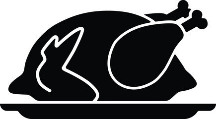 A simple black silhouette of a whole roasted chicken presented on a platter © FF