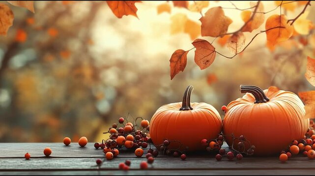 Enjoying autumn beauty with pumpkins and colorful leaves in a serene outdoor setting
