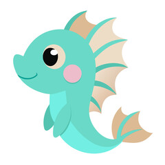 Cute Cartoon Fish Illustration Teal and Beige Fin Detail Against White Background for Childrens Design