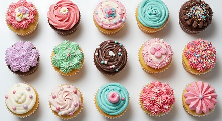 Colorful cupcakes displayed overhead on white surface with various frostings