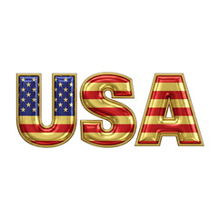 Golden usa letters with american flag pattern isolated on transparent background