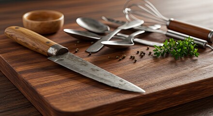 Rustic wooden cutting board showcases essential kitchen tools like a chef's knife, spoons, and whisk, ready for gourmet meal preparation with scattered peppercorns and fresh herbs