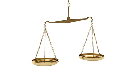 Antique brass balance scale, with chains and pans, isolated on white or transparent background. PNG
