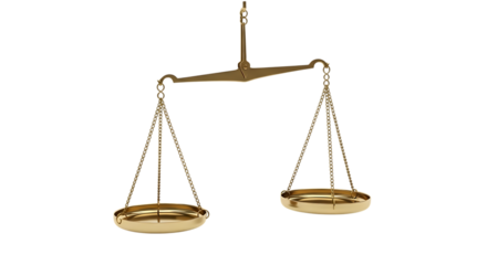 Antique brass balance scale, with chains and pans, isolated on white or transparent background. PNG