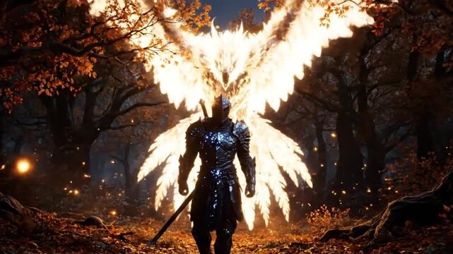 A man in a suit of armor is walking through a forest with a sword in his hand
