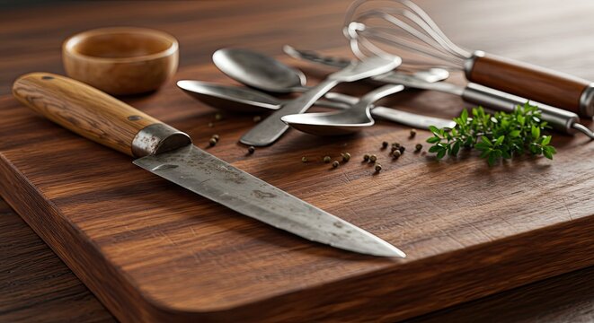 Rustic wooden cutting board showcases essential kitchen tools like a chef's knife, spoons, and whisk, ready for gourmet meal preparation with scattered peppercorns and fresh herbs