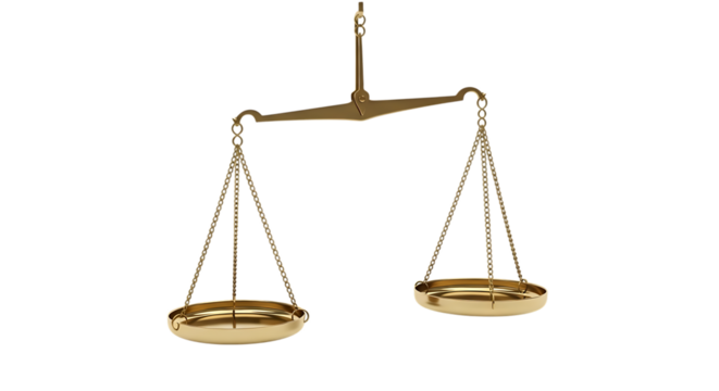 Antique brass balance scale, with chains and pans, isolated on white or transparent background. PNG