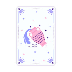 Aquarius zodiac sign tarot card illustration, modern water bearer symbol with a jug pouring water, stars and decorative border.