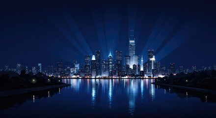 Experience the vibrant pulse of a modern metropolis at night, with dazzling city lights reflecting majestically across the calm water, evoking ambition and endless possibility for your next project.