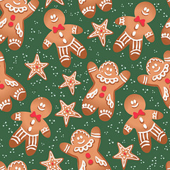 Gingerbread Cookies Seamless Christmas Pattern on Green Background