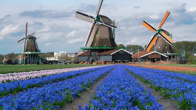 one dutch windmill over tulip flowers field in sunny day, Netherlands