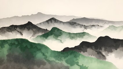 Rolling green hills in ink wash style

