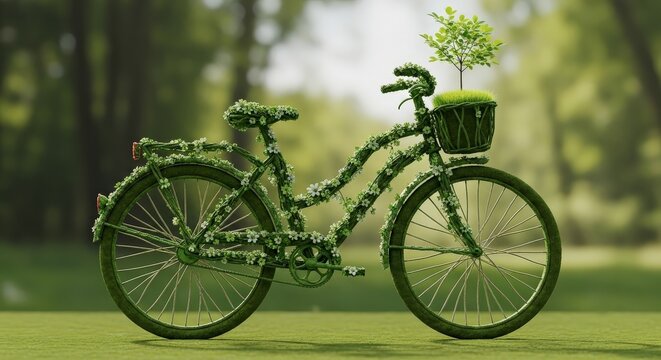 Green bicycle covered in leaves and plants in a park setting