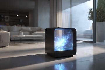 Futuristic holographic projector displays vibrant cosmic nebula, captivating audiences with immersive celestial wonder and cutting-edge technology