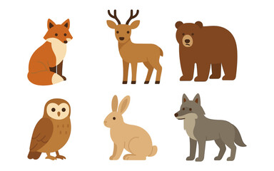 Fototapeta premium Stylized forest animals in flat design featuring fox, deer, bear, owl, rabbit, and wolf