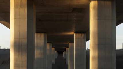 A long, symmetrical row of concrete bridge columns, disappearing into the distance, showcasing a minimalist architectural design with warm, natural light highlighting the structure.