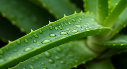 Naklejka premium Close up of vibrant green aloe vera plant with water droplets