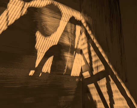Shadow picture formed with light & shading on wood background has dimensional look showing a person leaning forward as if persuing an acitivity such as painting or business with a monitor.