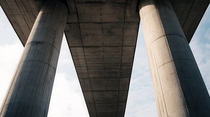 Obraz premium Concrete pillars supporting the bridge form a symmetrical frame against the pale sky. A blend of engineering and architectural design under a vast open space, showcasing strength and structure.