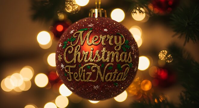 Christmas ornament with greeting against bokeh lights holiday decor background