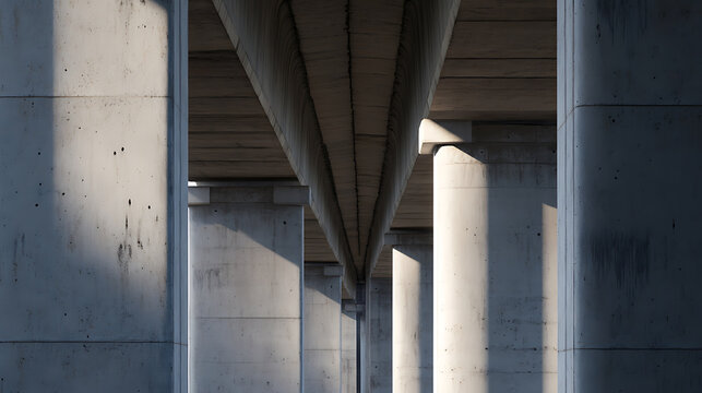 An impressive, geometric view of concrete structures contrasts light and shadow, highlighting the architecture's form and solidity against the bright sky.