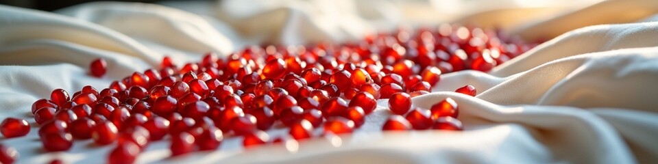 Scattered pomegranate seeds on luxurious satin fabric close-up