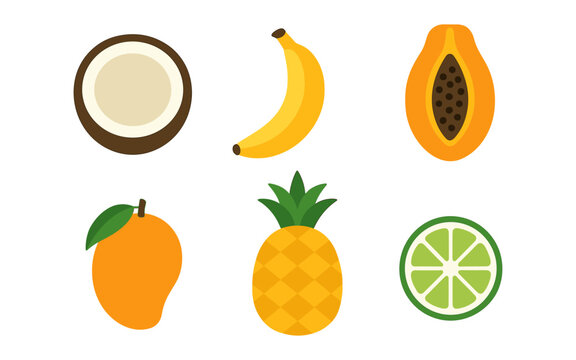 Colorful flat tropical fruit icons set with coconut, banana, papaya, mango, pineapple, and lime - Powered by Adobe