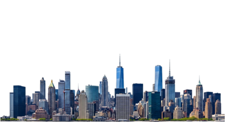 Diverse collection of modern skyscrapers and tall buildings forming a city skyline isolated on a transparent background