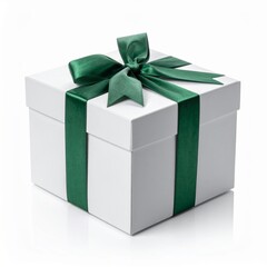 White Gift Box with Green Ribbon and Bow on White Background