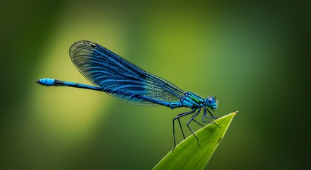 Close up of a vibrant blue dragonfly resting on a green leaf