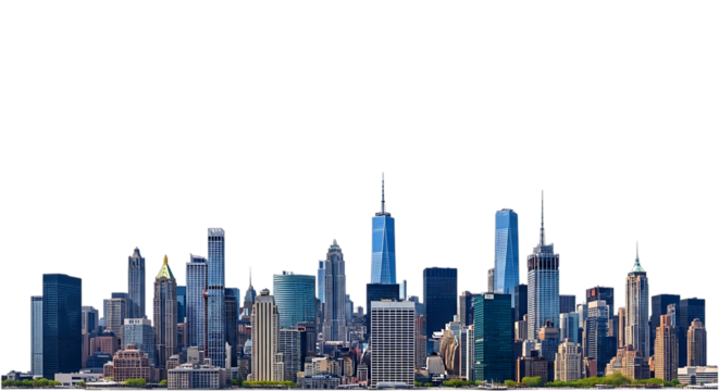 Diverse collection of modern skyscrapers and tall buildings forming a city skyline isolated on a transparent background