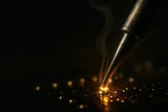 Macro shot of a soldering iron tip melting solder on a circuit board, glowing with golden light and smoke, representing craftsmanship, electronics repair, and precision engineering