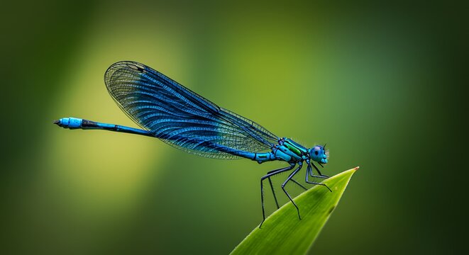 Close up of a vibrant blue dragonfly resting on a green leaf - Powered by Adobe