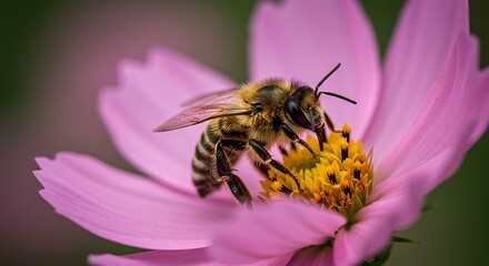 Bee collecting pollen on a vibrant pink flower macro close up