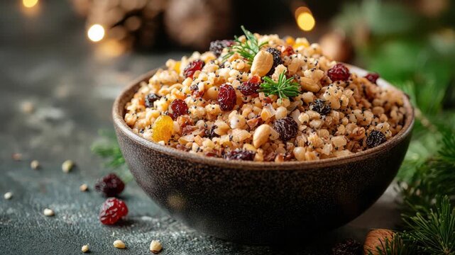 Classic Ukrainian kutia: a decadent wheat pudding mixed with poppy seeds, honey, raisins, and nuts served in a rustic wooden bowl, adorned with pine branches and cones for a festive touch