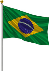 Realistic Brazil Flag Waving on Pole with Silk Fabric Texture, 3D Render Isolated on Transparent Background