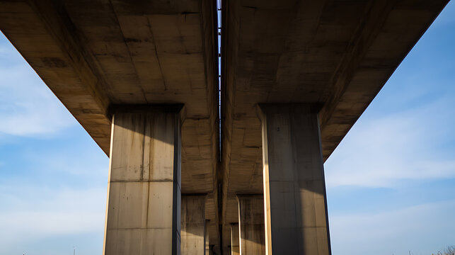 A low-angle shot shows the sturdy concrete support columns of a large bridge. The structure looms overhead against a bright blue sky with wispy clouds. The perspective highlights the architecture.