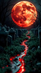 Blood Moon Over Eerie Graveyard with Glowing Red Stream