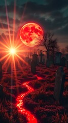 Blood Moon Over Eerie Graveyard with Glowing Red Stream